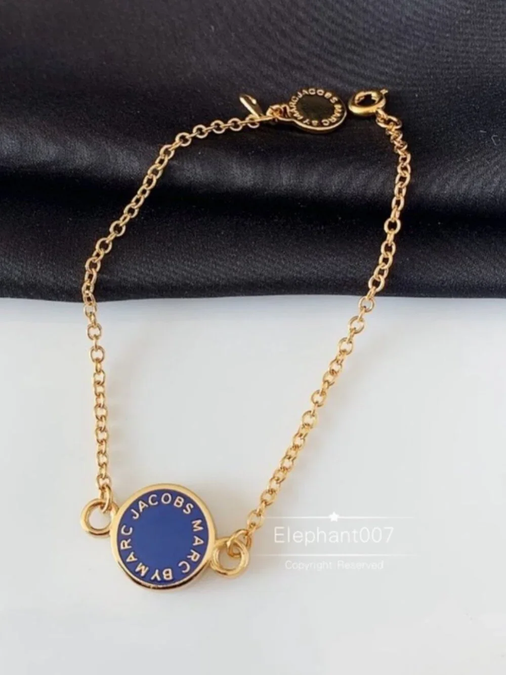Marc Jacobs Blue Enamel Disc Chain Bracelet Gold Tone Minimalist Logo Bracelet
